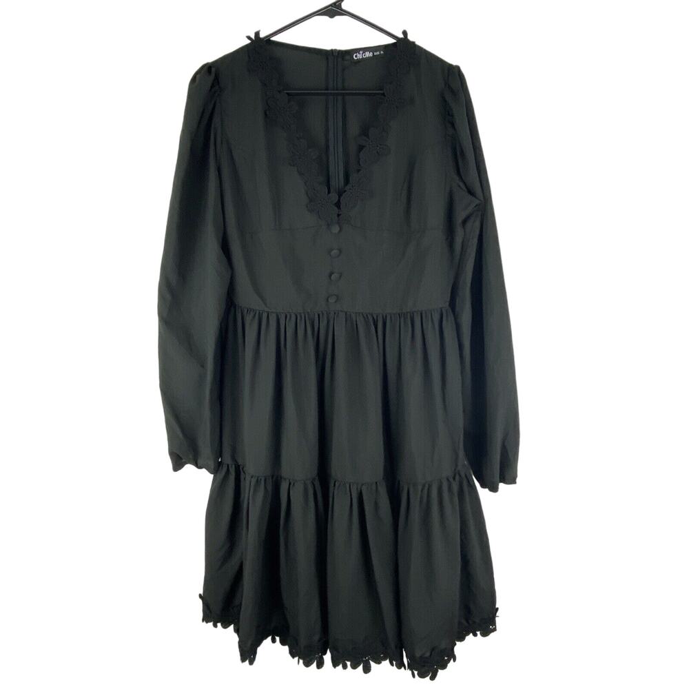 Chic Me Black Goth Long Sleeve Sheer Lightweight Lace Hem Dress Size Small (971)